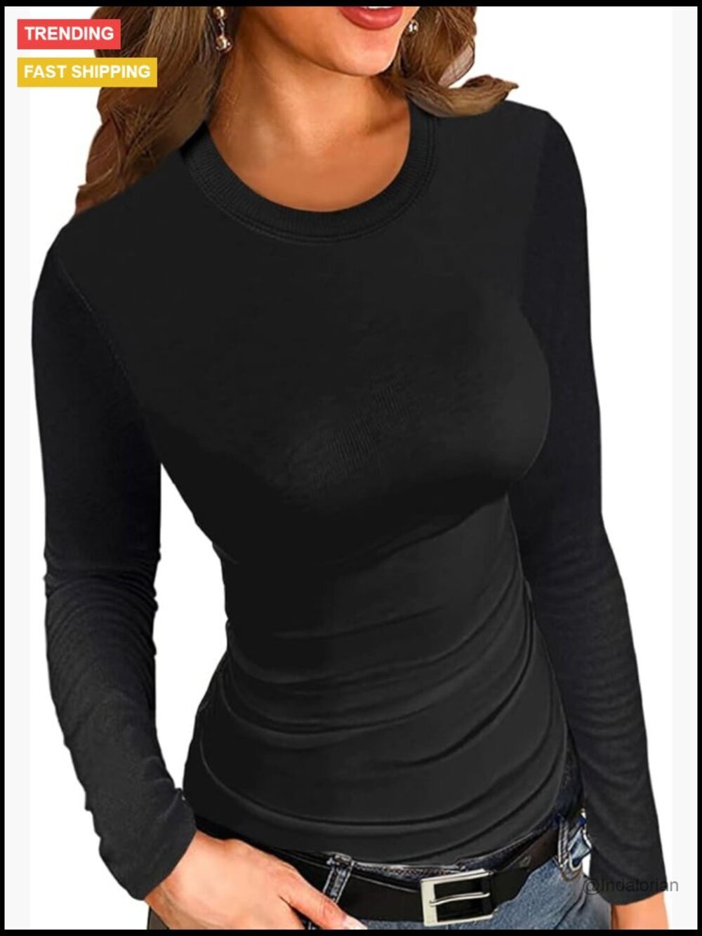 Ribbed Knit Long Sleeve Crew Neck Slim Fit Stretchy Basic T-Shirt Top